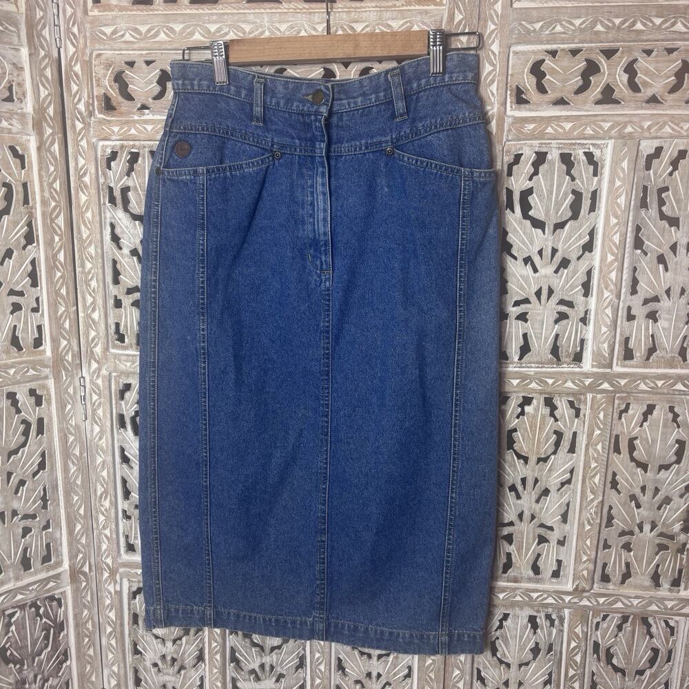 Blue Denim Skirt Womens 8 Midi Knee Pencil Modest Stretch Western Festival USA